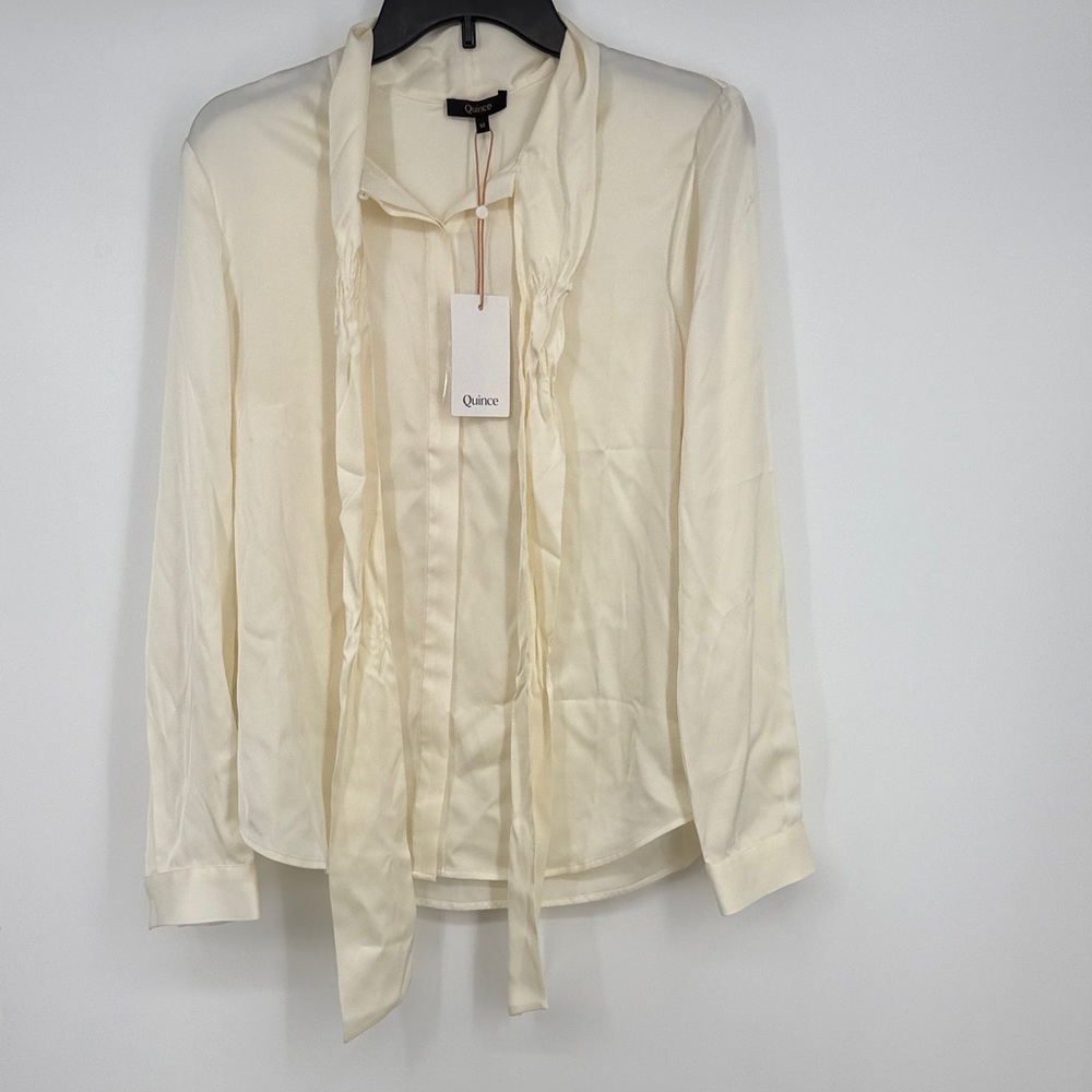 Quince Cream Tie-Neck Long Sleeve Blouse - Picture 5 of 8